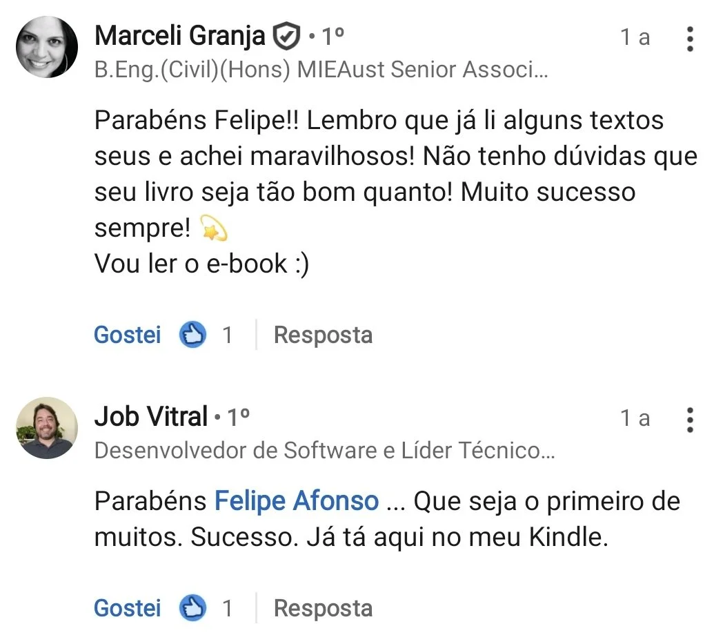Comentários no LinkedIn parabenizando Felipe Afonso pelo lançamento de Nuances do Silêncio.