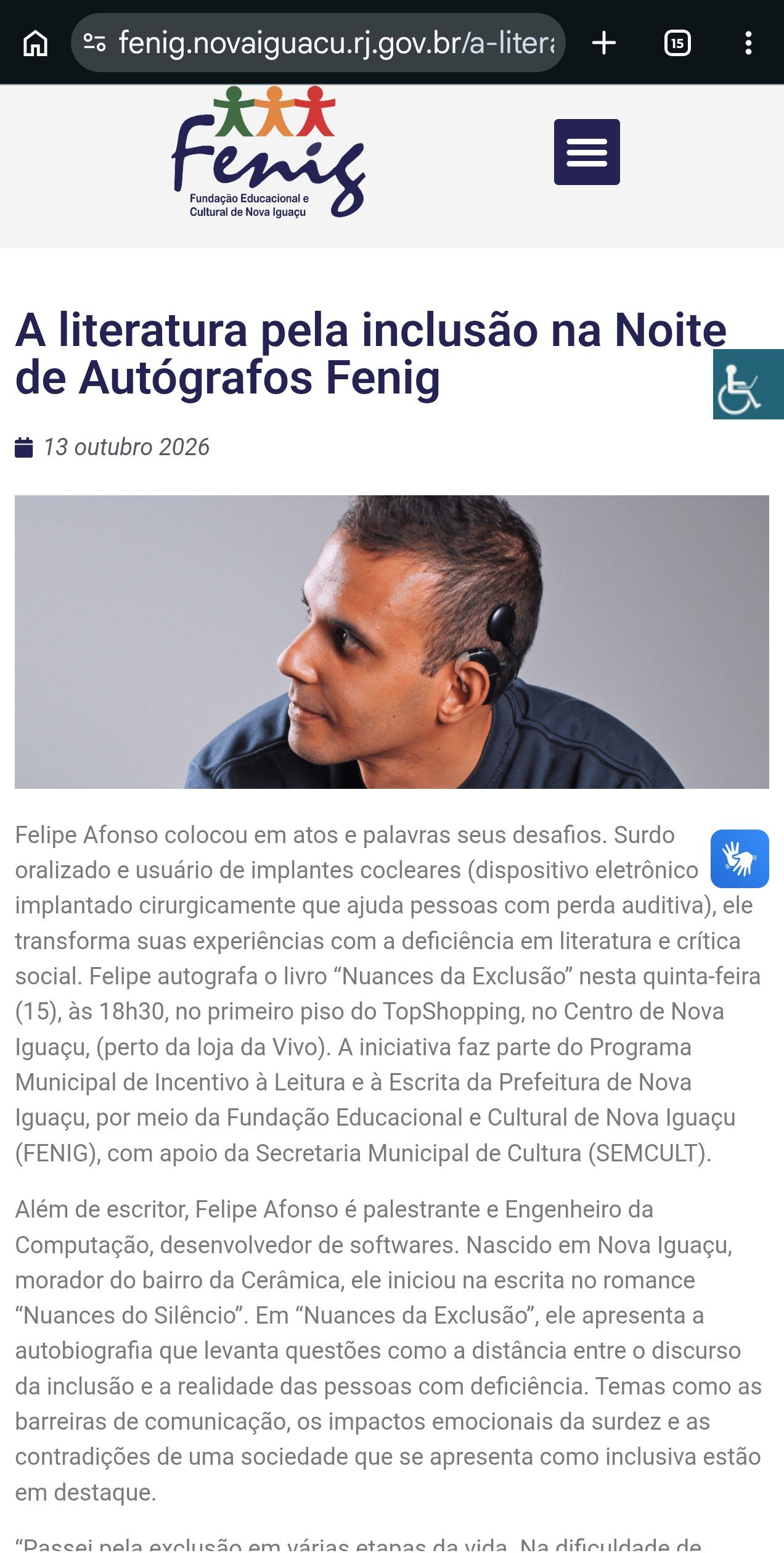 Matéria da FENIG sobre noite de autógrafos do autor Felipe Afonso