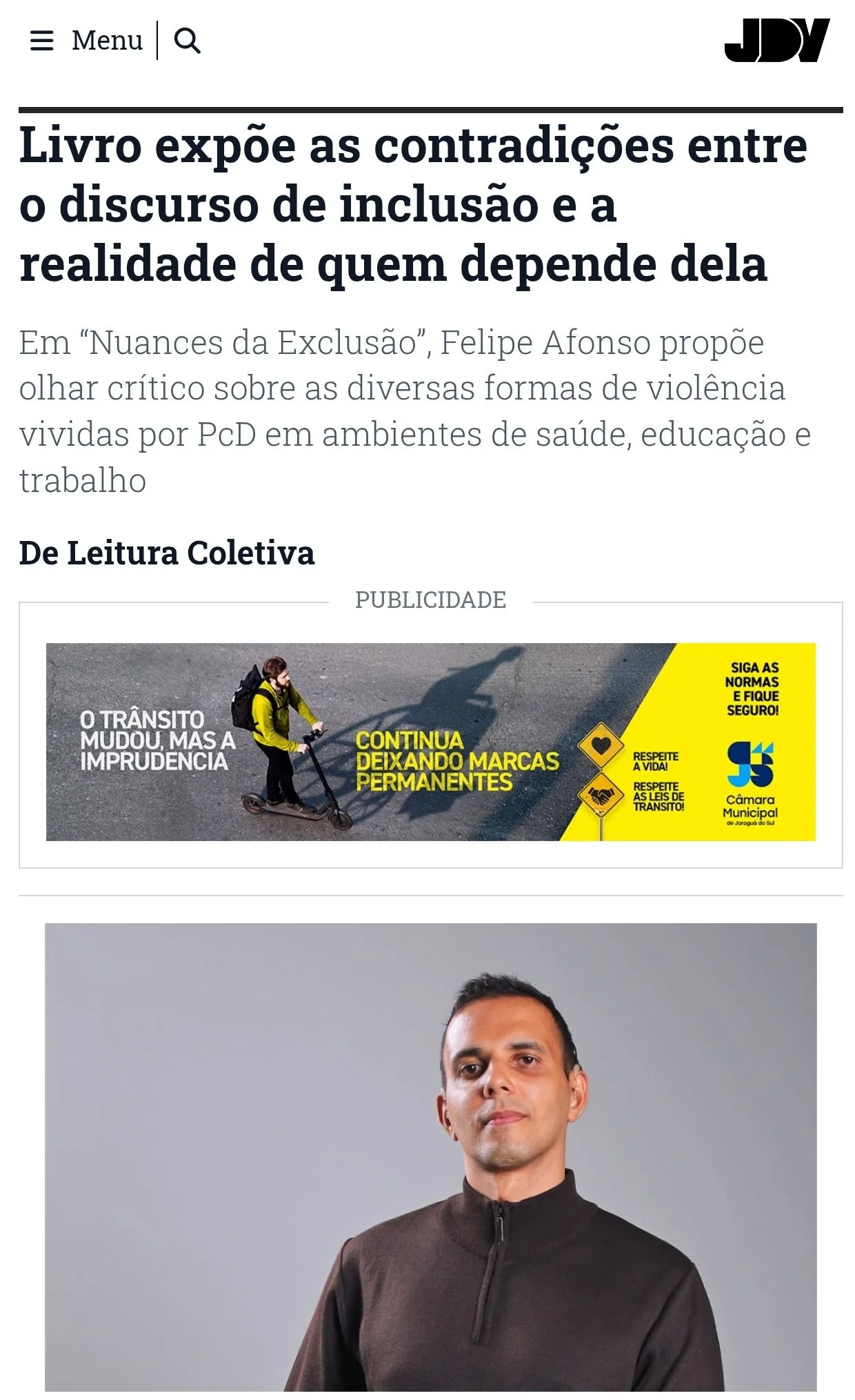 Matéria do jornal impresso Diário do Noroeste sobre o autor Felipe Afonso e as obras Nuances do Silêncio e Nuances da Exclusão