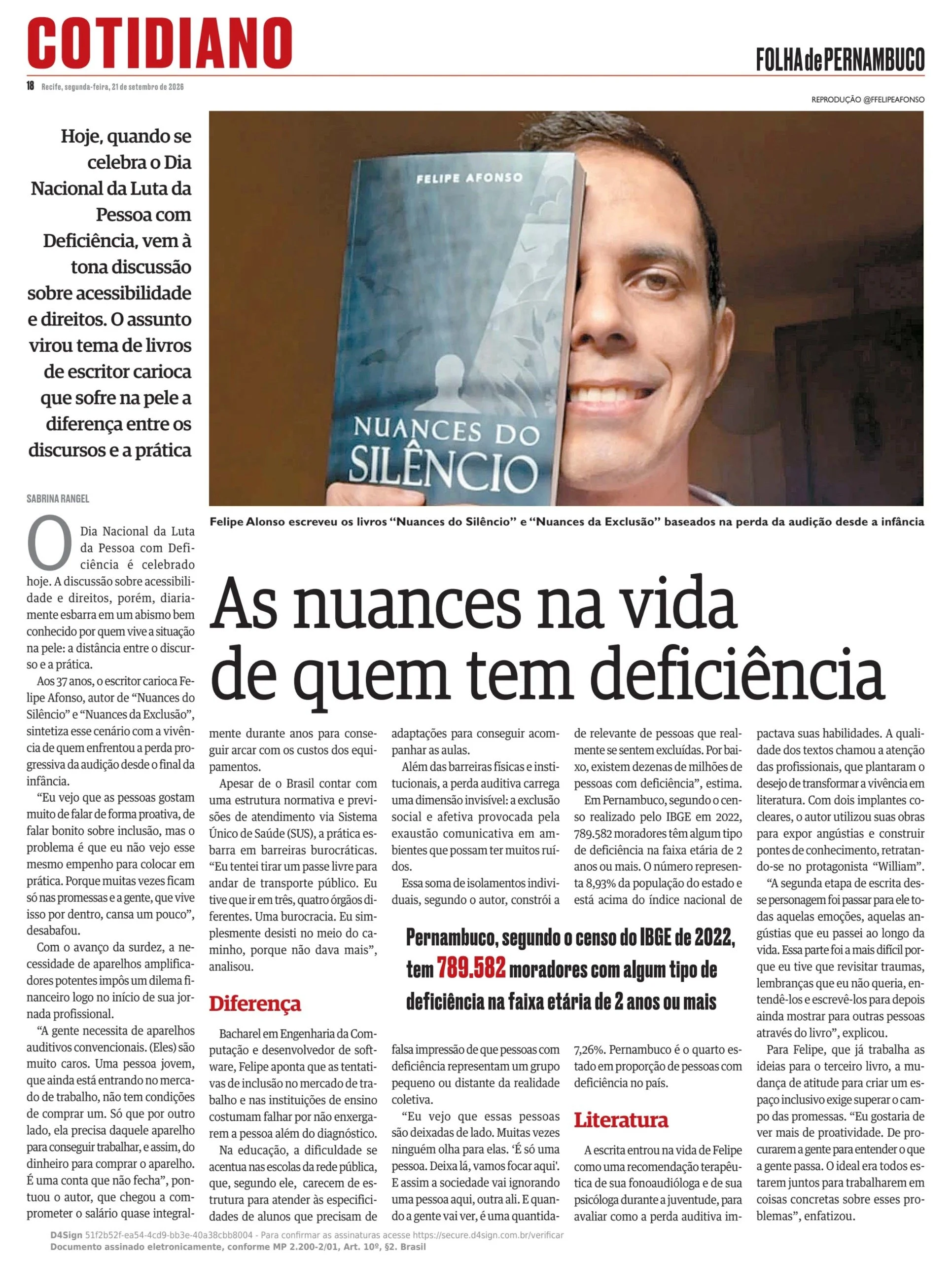 Matéria de jornal impresso sobre o autor Felipe Afonso e os livros Nuances do Silêncio e Nuances da Exclusão