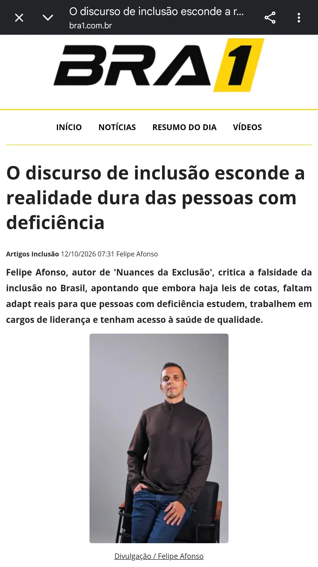 Matéria da BRA1 sobre o autor Felipe Afonso e as obras Nuances do Silêncio e Nuances da Exclusão