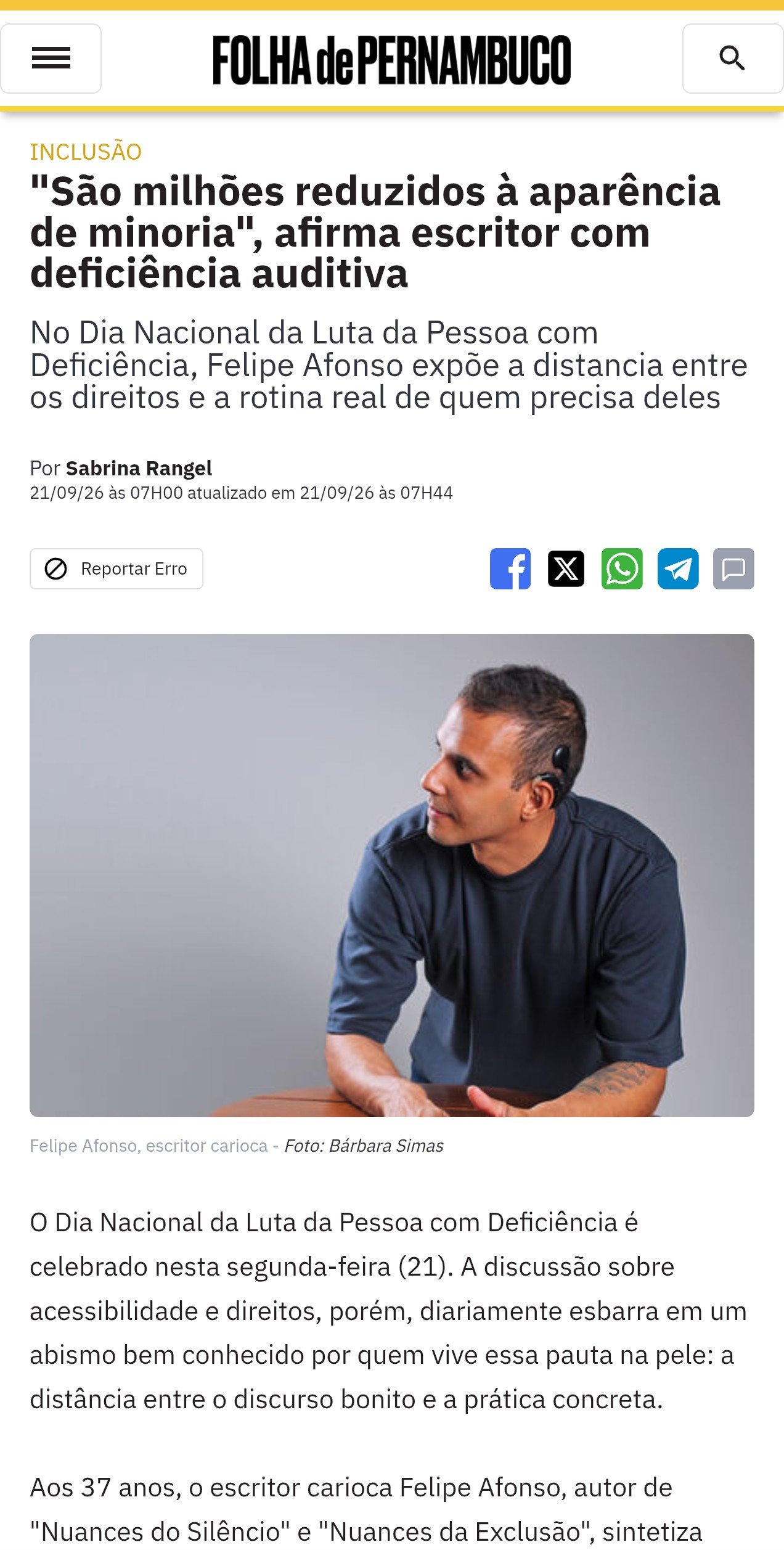 Matéria da Folha de Pernambuco sobre o autor Felipe Afonso e as obras Nuances do Silêncio e Nuances da Exclusão