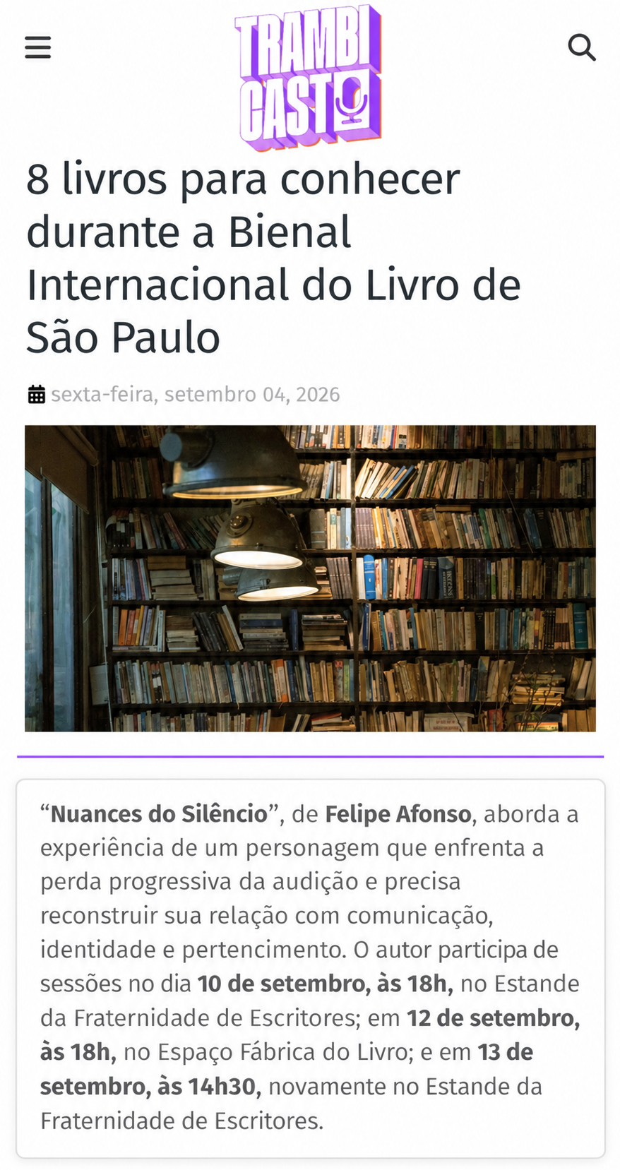 Livro Nuances do Silêncio recomendado na Bienal do livro de São Paulo pelo portal Trambicast