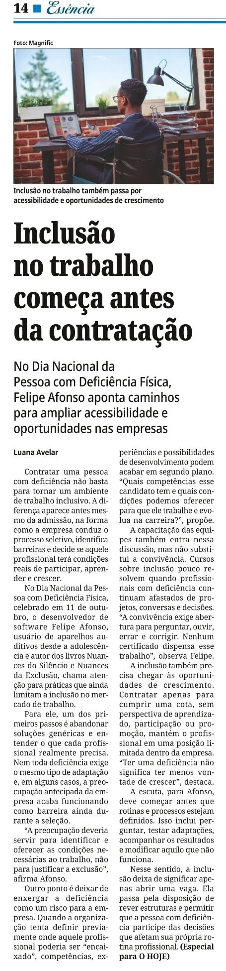 Matéria do jornal O Hoje, de Goiás, sobre inclusão de pessoas com deficiência, abordando temas dos livros Nuances do SIlêncio e Nuances da Excusão, de Felipe Afonso.