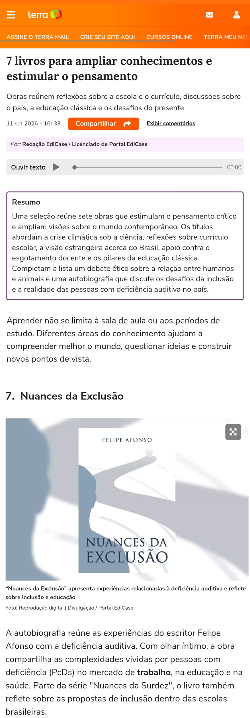 Matéria do portal Terra sobre o autor Felipe Afonso e a obra Nuances da Exclusão