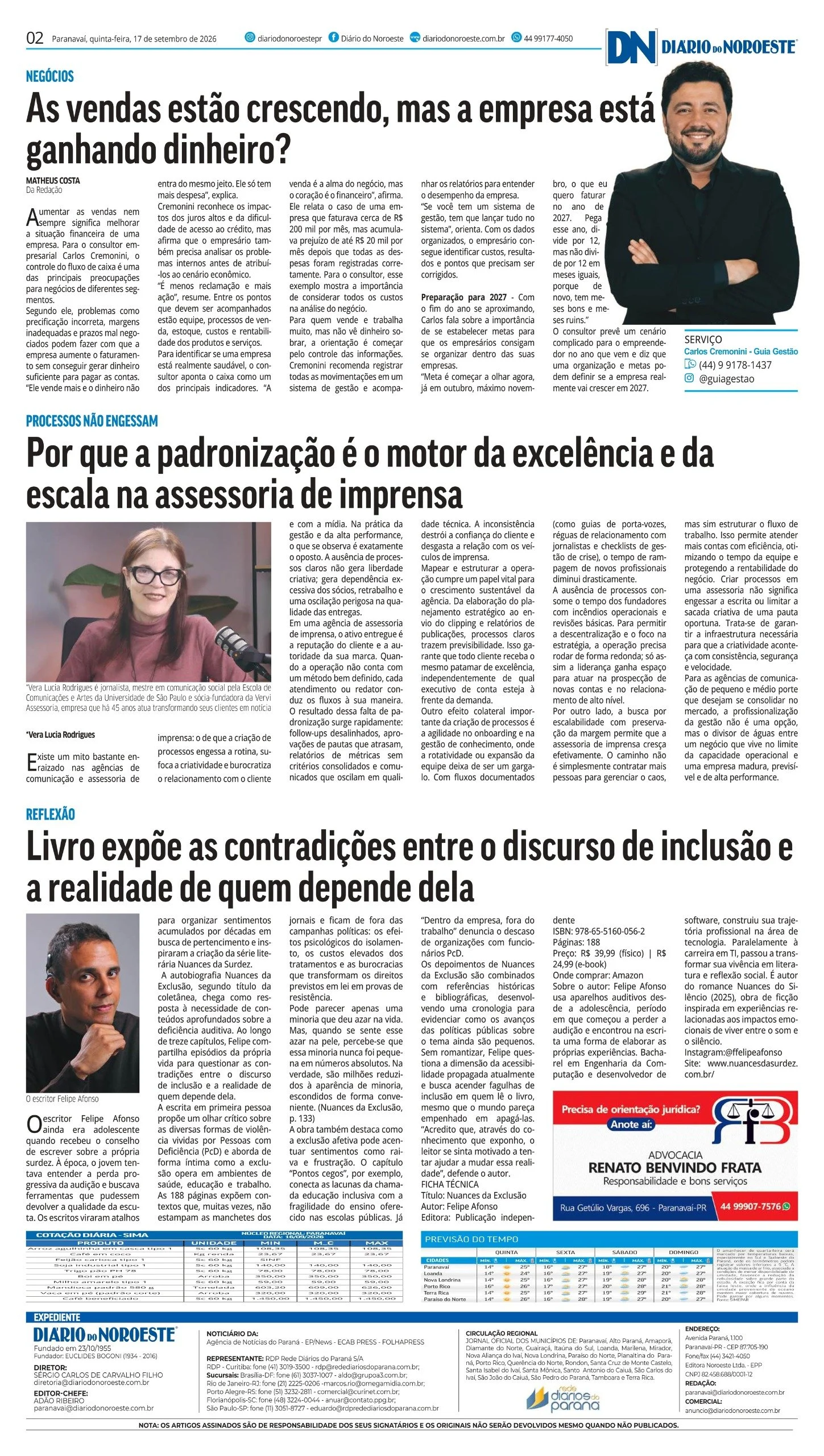 Matéria do jornal impresso Diário do Noroeste sobre o autor Felipe Afonso e as obras Nuances do Silêncio e Nuances da Exclusão