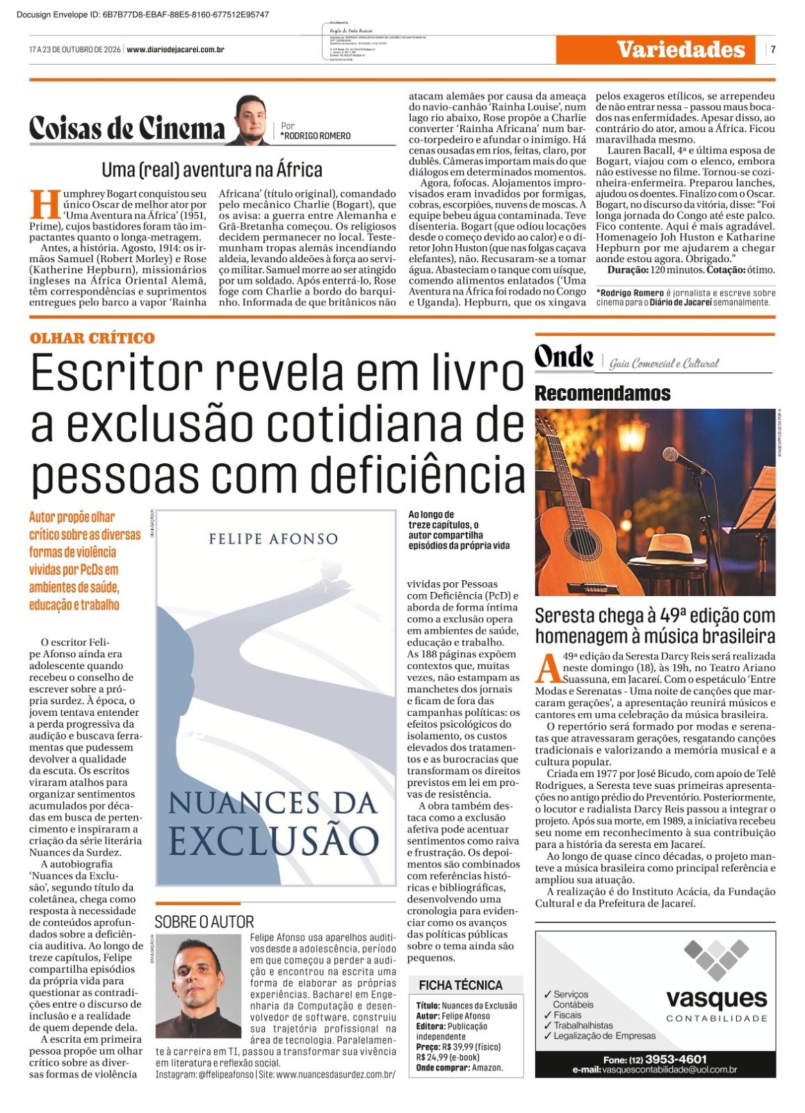 Matéria do Jornal de Jacareí que aborda os temas dos livros Nuances do Silêncio e Nuances da Exclusão, do autor Felipe Afonso.