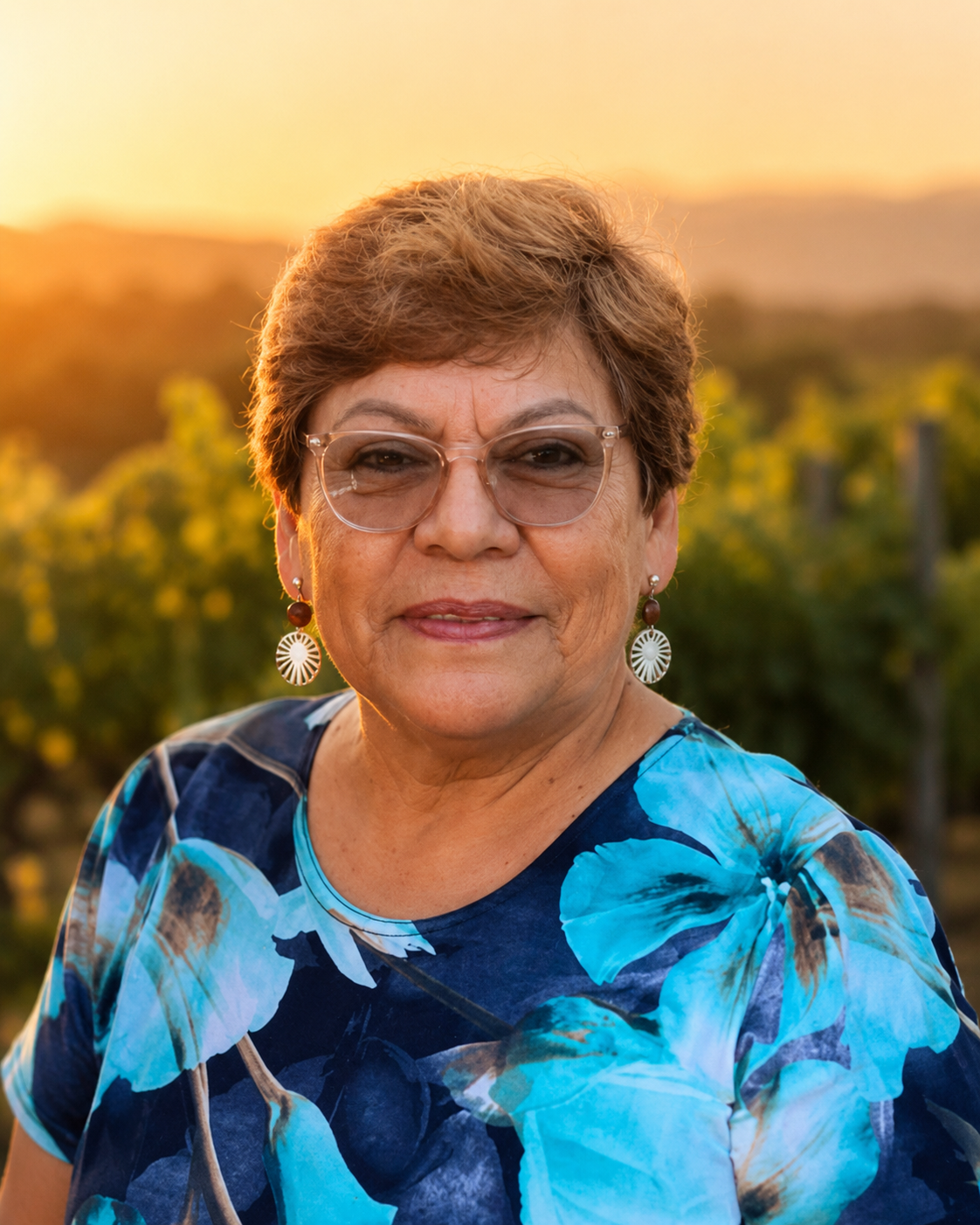 An older woman with short hair, wearing sunglasses, earrings, and a blue floral shirt, standing outdoors during sunset with greenery and vineyards in the background.
