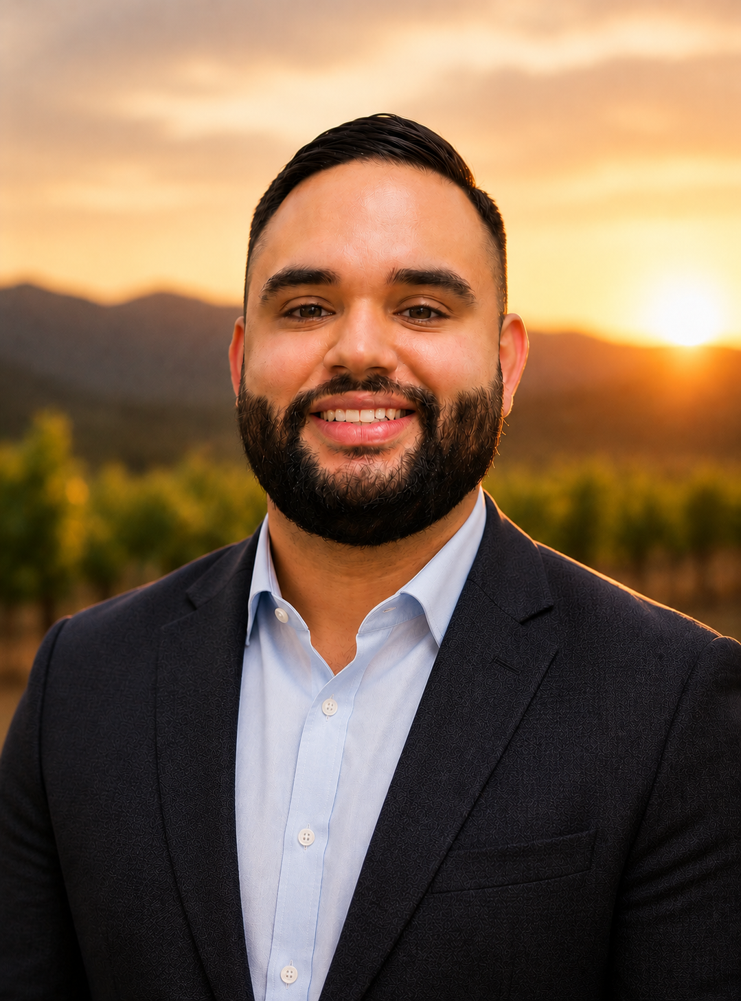 A smiling man in a dark suit and white shirt standing outdoors at sunset, with a mountain landscape and fields in the background.