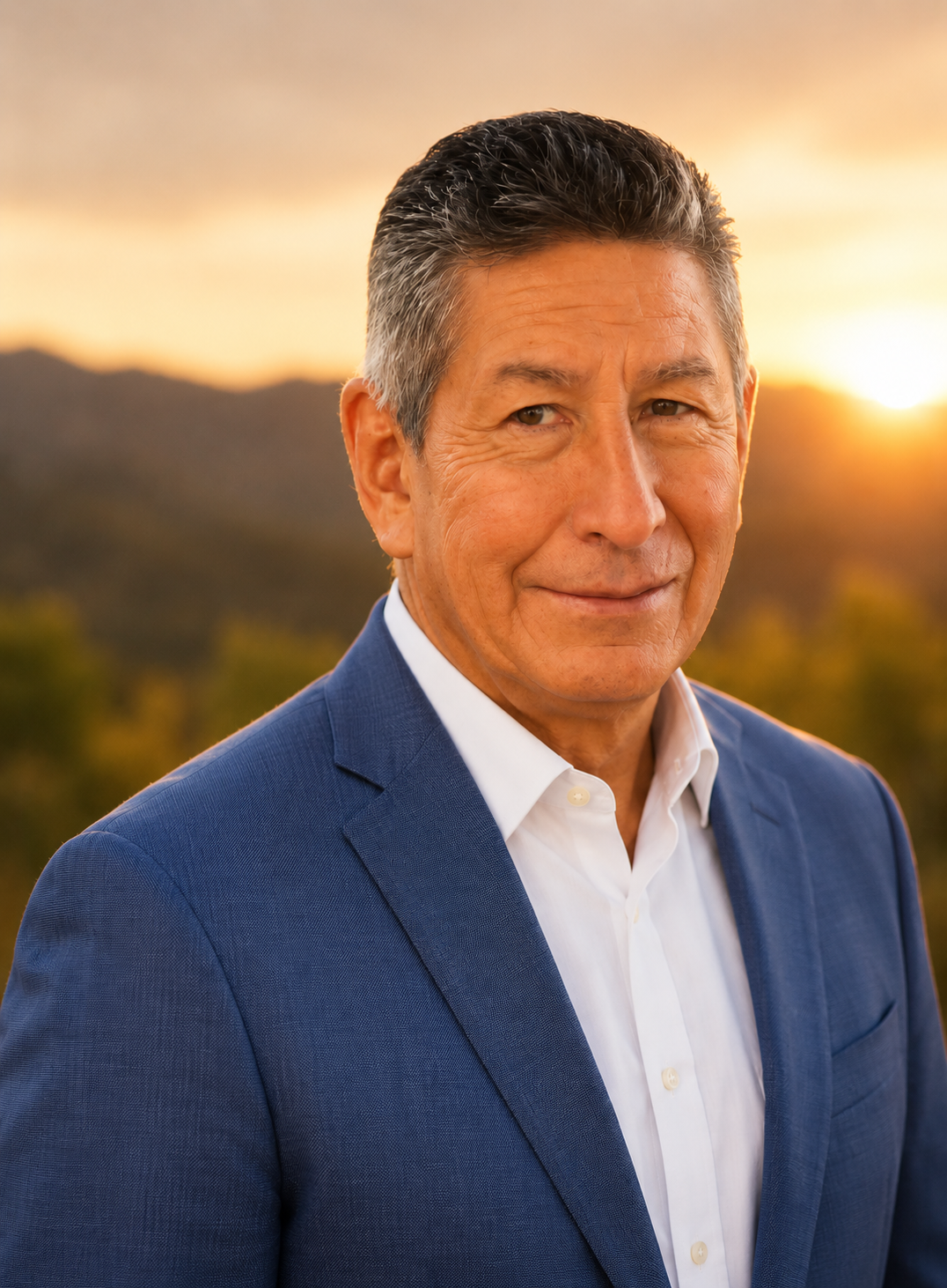 A portrait of an older man in a blue suit and white shirt, smiling outdoors at sunset with mountains and a colorful sky in the background.