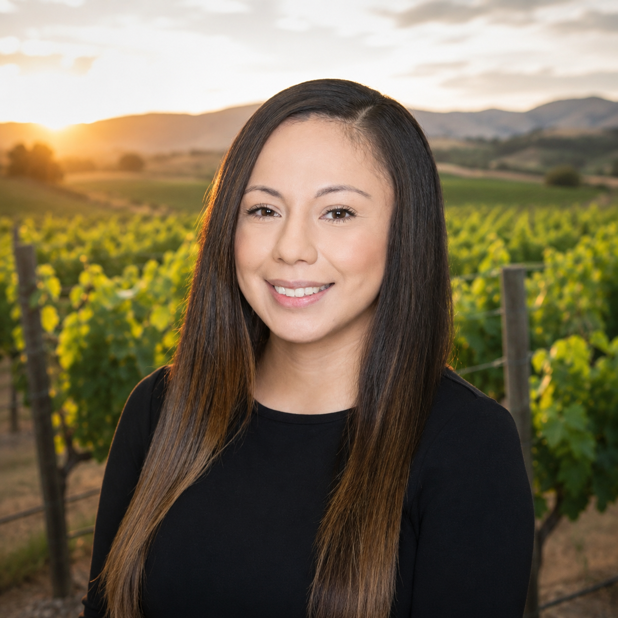 A woman with straight dark brown hair smiling in a vineyard during sunset.