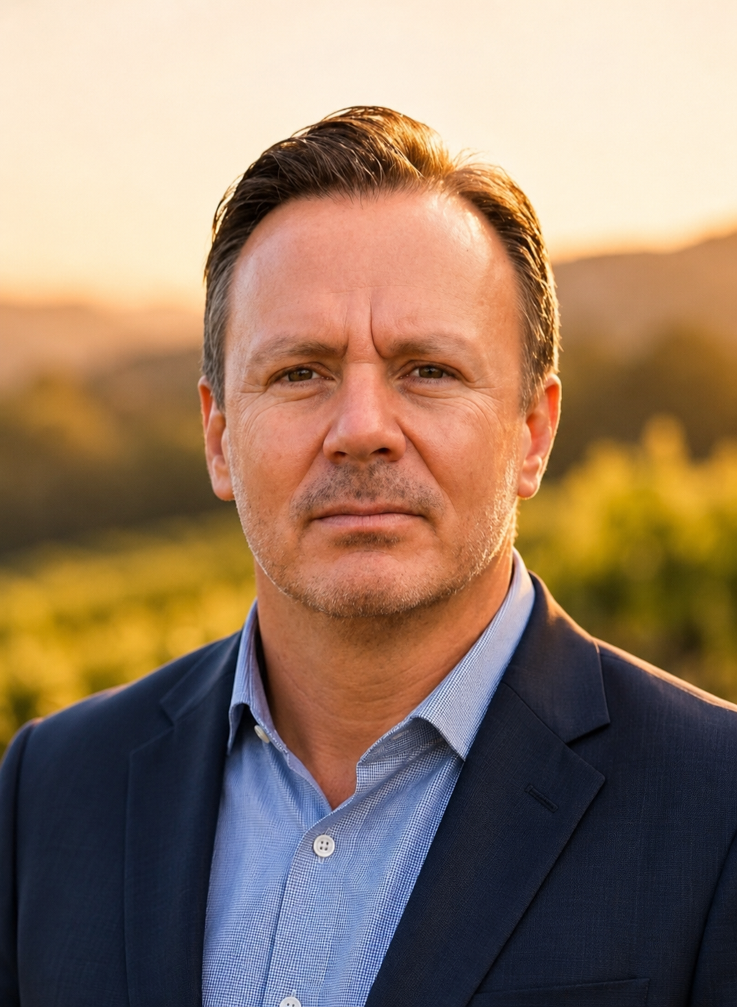 A middle-aged man with short dark hair, dressed in a dark suit and light blue shirt, standing outdoors during sunset with blurred natural landscape in the background.