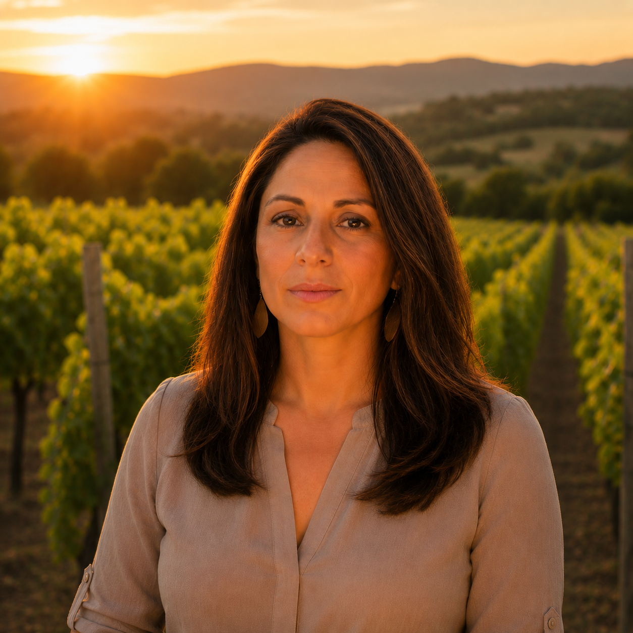 A woman with long brown hair wearing a beige blouse stands in a vineyard during sunset with rolling hills in the background.
