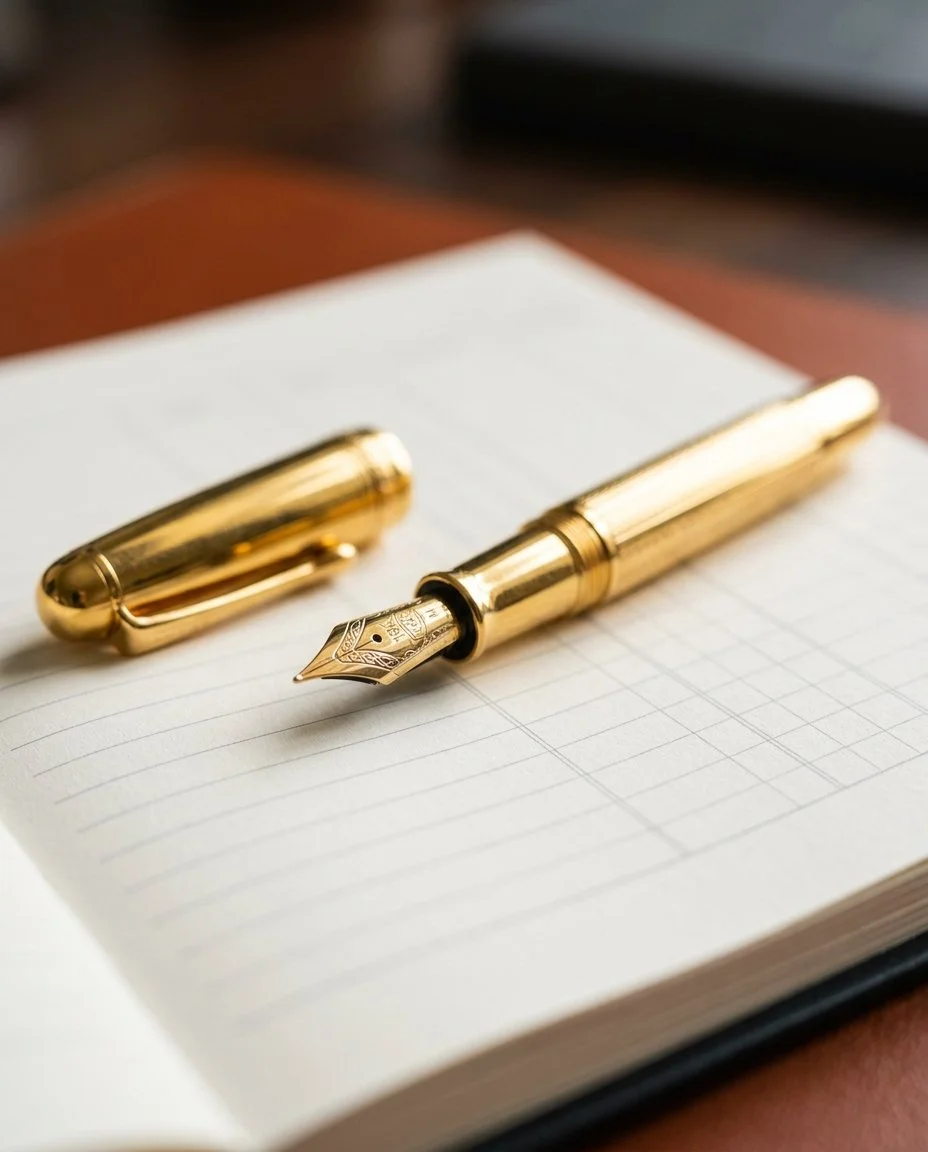 A gold fountain pen with its cap removed, placed on an open lined notebook on a wooden desk.