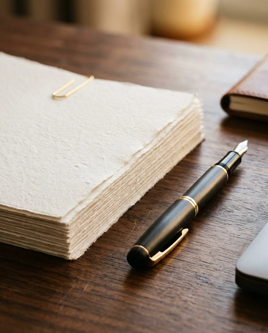 A black and gold fountain pen, a stack of textured cream-colored papers, a gold paperclip, and a closed brown notebook on a wooden desk.