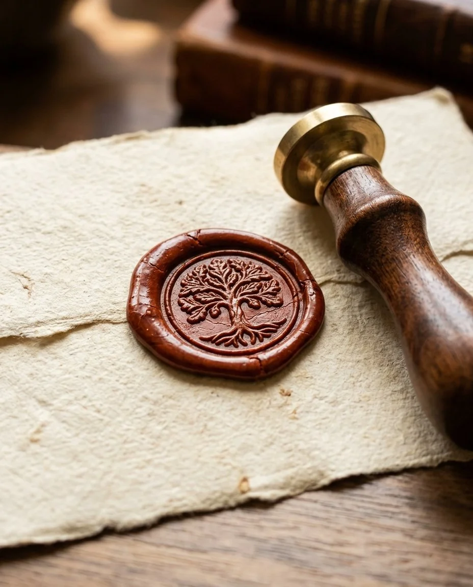 A wooden-handled wax seal stamp resting on a piece of off-white paper with a wax seal featuring a tree design. The background shows part of an old book or box.