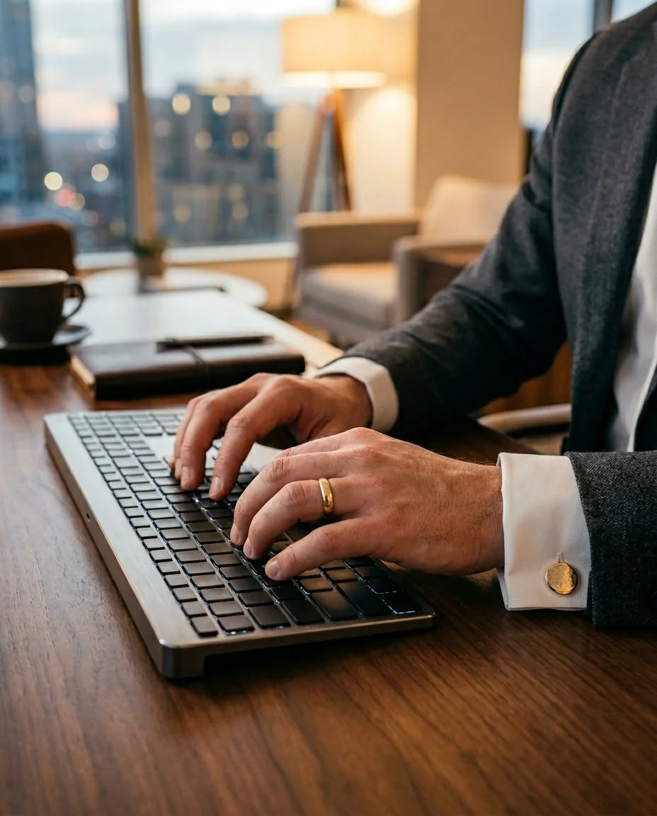 Close-up of a man typing on a keyboard in a modern office with large windows and cityscape view.