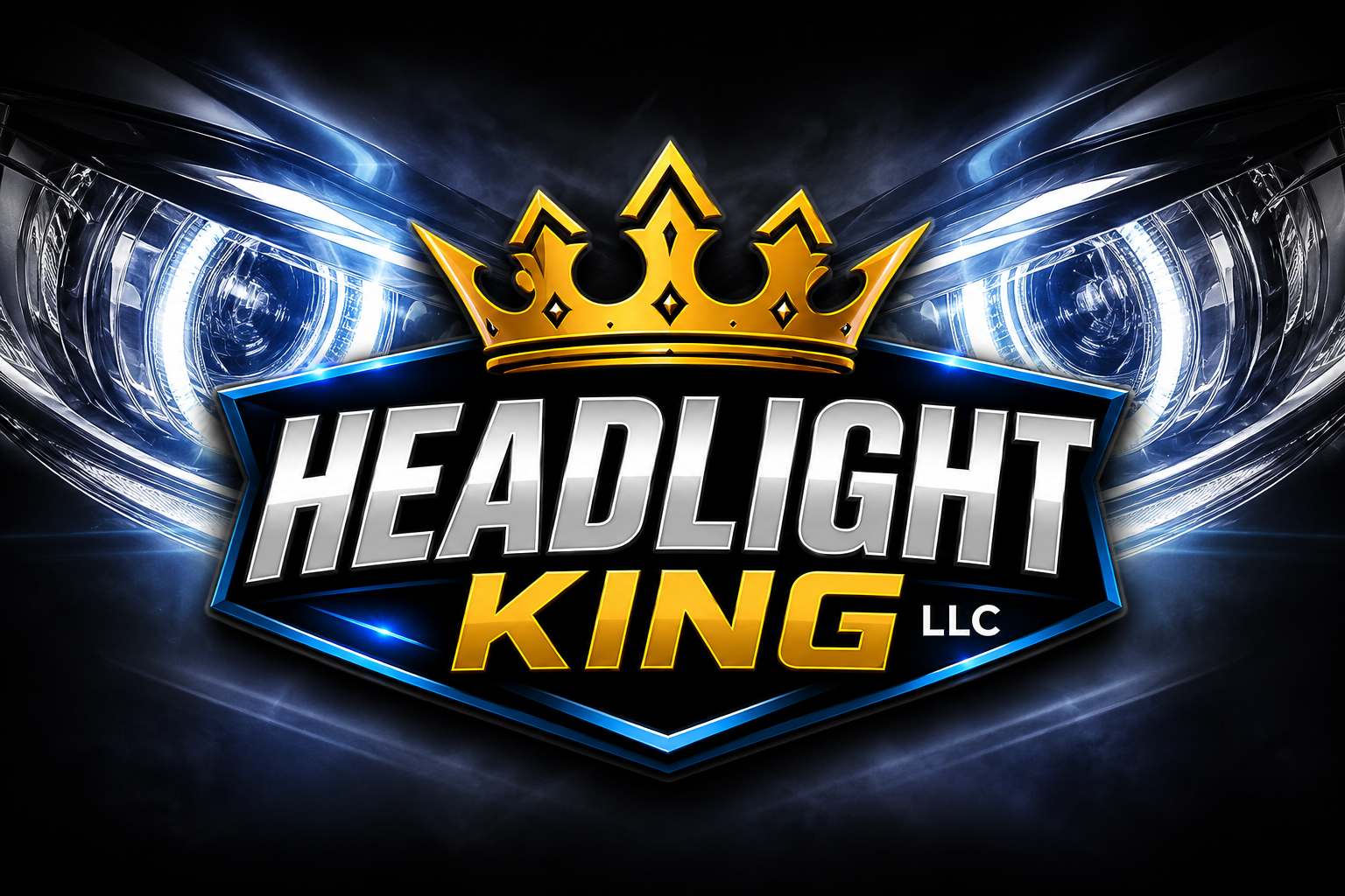 Logo for Headlight King LLC featuring a crown, bright headlights, and bold text.