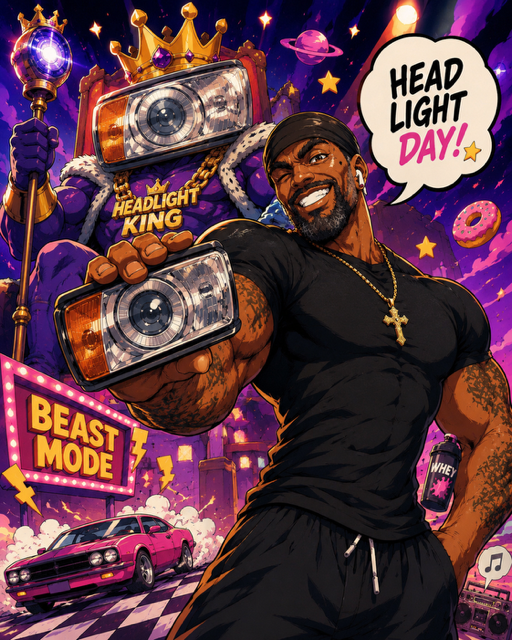 A muscular man with a beard and a cap takes a selfie with a giant, robotic King of the Headlights with a crown and scepter in a vibrant, colorful, animated scene. The robot has a headlamp for a face and a speech bubble saying 'HEAD LIGHT DAY!'. The background features a purple sky filled with stars and planets. There are neon signs, a pink sports car, and various retro elements.