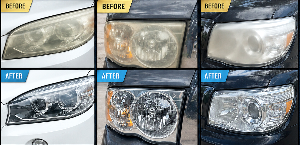 Comparison of car headlights before and after restoration, showing clear, bright headlights on the bottom row and foggy, cloudy headlights on the top row.