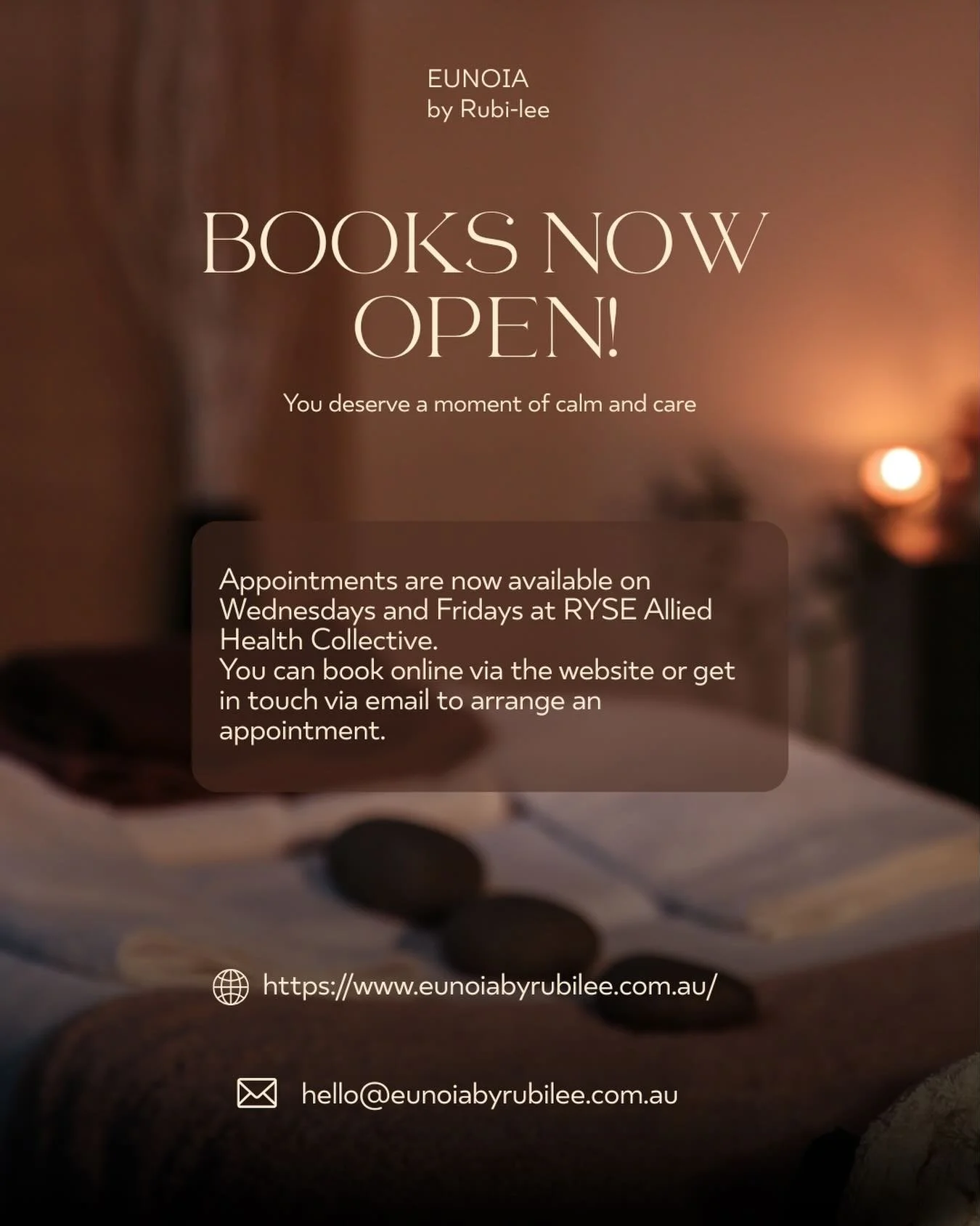You may book via https://www.eunoiabyrubilee.com.au or if you would like to discuss a treatment plan get in touch via email hello@eunoiabyrubilee.com.au