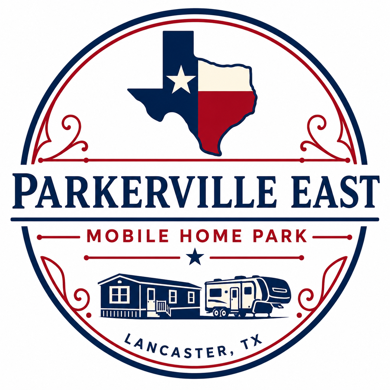 Logo for Parkerville East Mobile Home Park in Lancaster, Texas. The logo features a circular design with the Texas state outline in the center, colored with the Texas flag. The name "Parkerville East" is prominently displayed, with additional illustrations of a mobile home and a trailer, and decorative stars and scrollwork.