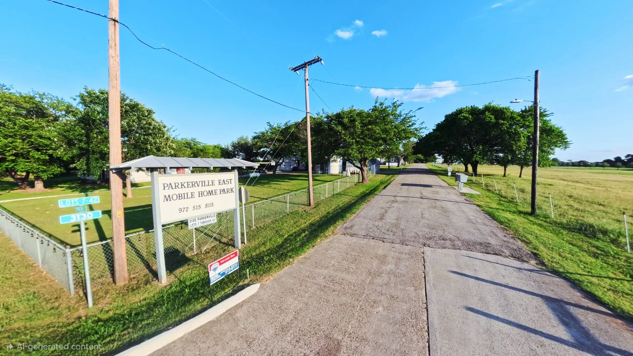 A rural street scene with trees lining the road, utility poles, and a sign for Parkerville East Mobile Home Park. The sky is clear with a few clouds, and the area appears to be open land.