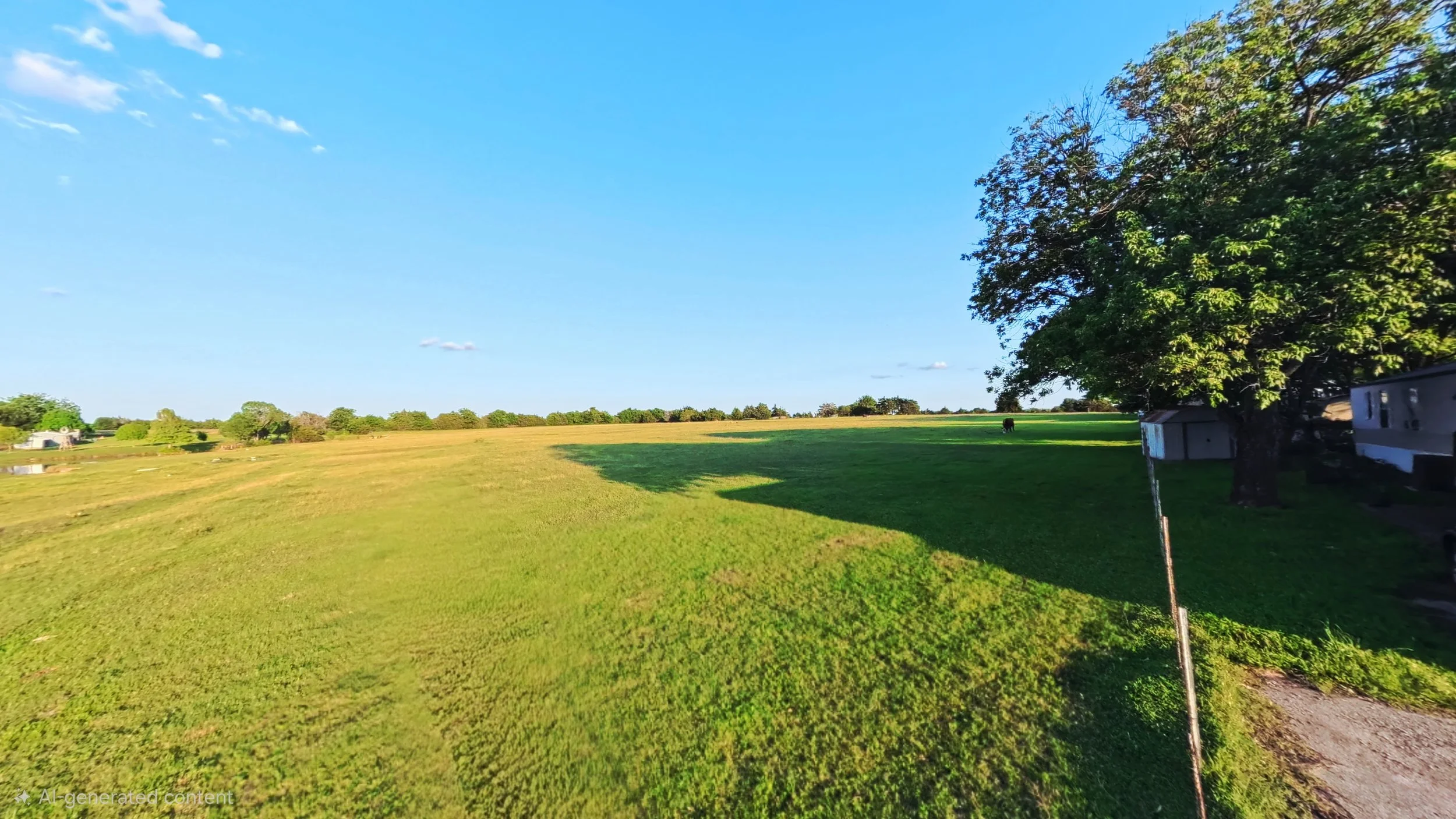 A wide outdoor landscape features a grassy field with some trees and a few small structures in the distance, under a clear blue sky with a few clouds.