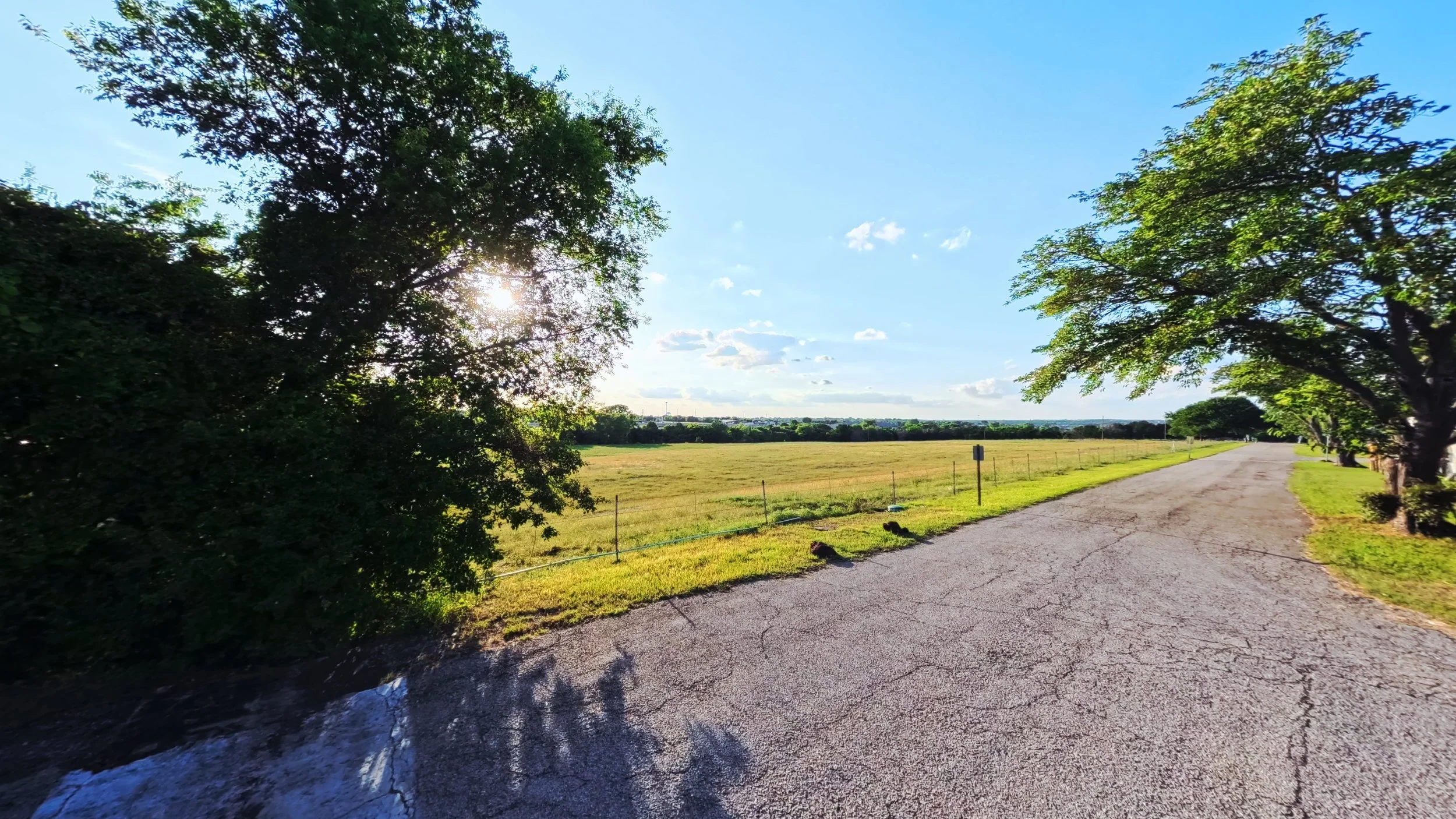 A rural landscape with a gravel path on the right, lush green trees on both sides, a grassy field in the middle, and a blue sky with scattered clouds.