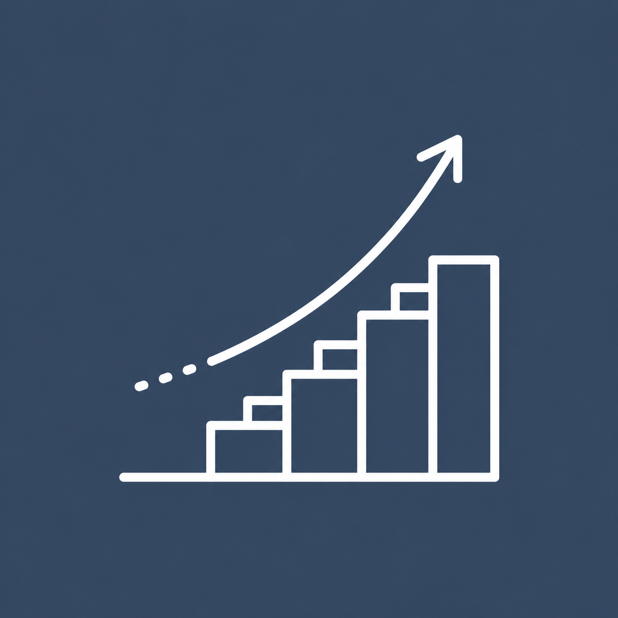 White line graph showing upward trend with bar chart and arrow on dark blue background.