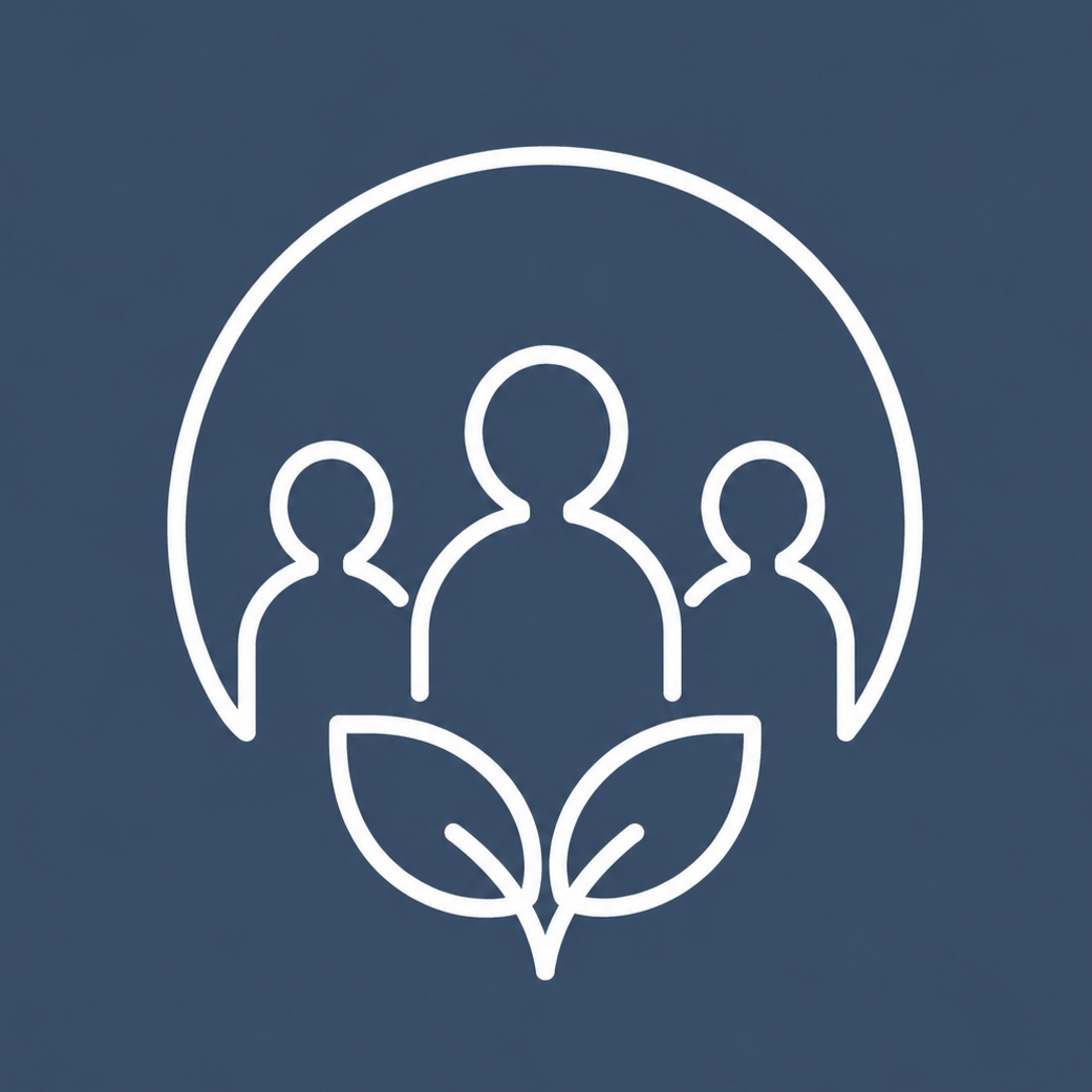 Outline of three people with leaves at the bottom, enclosed by a circle, symbolizing growth.