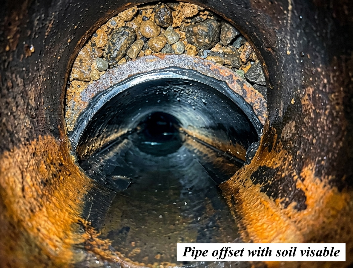 View inside a pipe showing soil at the pipe's offset, with water flowing through the pipe.
