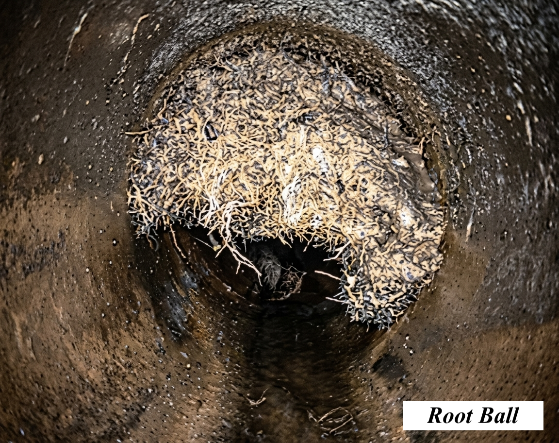 A root ball inside a dark pipe. The root ball is a tangled mass of roots, possibly of a tree or shrub, with some soil attached.