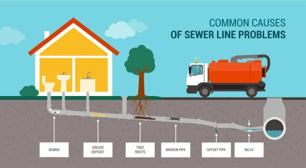 An infographic illustrating common causes of sewer line problems beneath a house, including debris, grease deposits, tree roots, broken pipes, offset pipes, and bellies, with a sewer truck in the background.