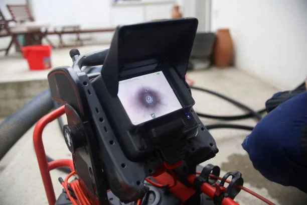 Close-up of a camera with a screen showing the inside of a sewer, mounted on a tripod or rig, in an indoor setting.