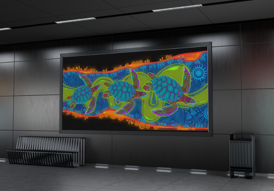 Colorful digital artwork of five sea turtles swimming together on a digital screen in a modern building lobby. First Nations, Aboriginal, Torres Strait Islander