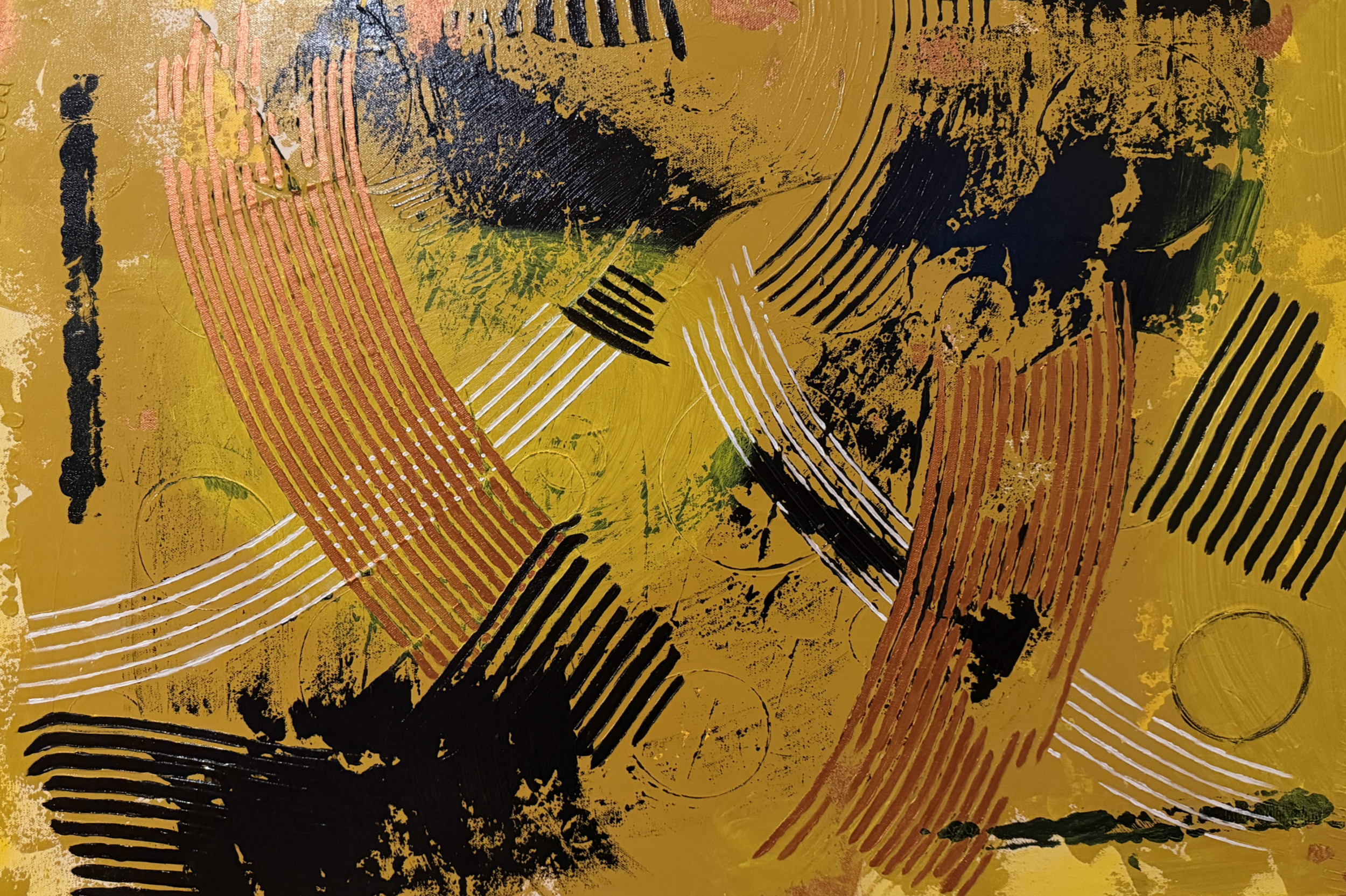 An abstract painting with a yellow background, black splatters, and various black, white, red, and green lines and shapes.