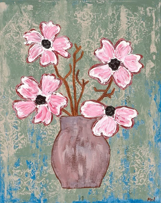Painting of pink flowers in a brown vase on a textured green and blue background.