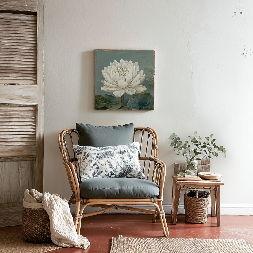 A cozy living space with a rattan armchair featuring two pillows, a small wooden side table with plants and bowls, a woven basket, and art of a white lotus flower on the wall.