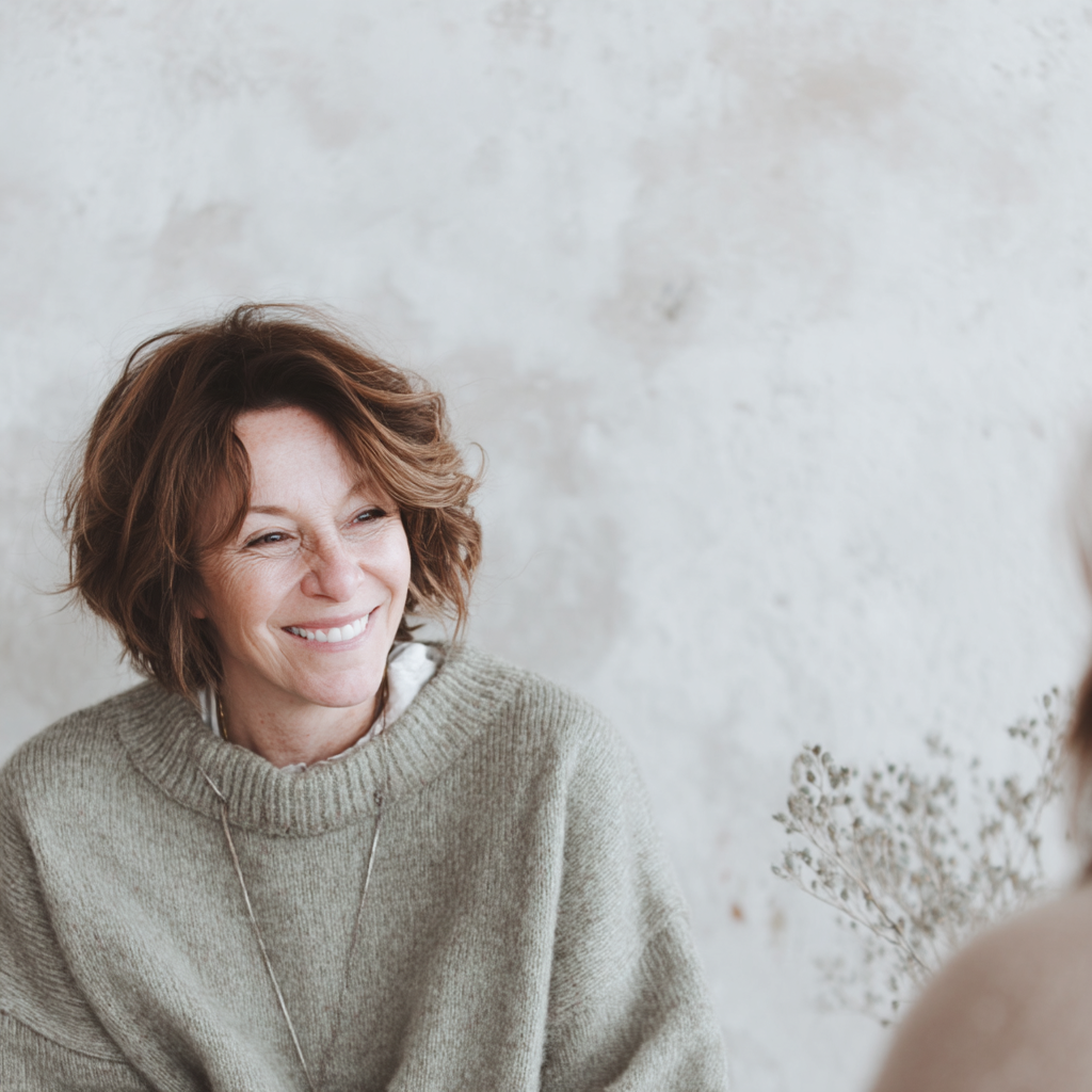 Smiling middle-aged woman with short, wavy brown hair, wearing a beige sweater and a necklace, sitting indoors near a light-colored wall with a potted plant in the background.