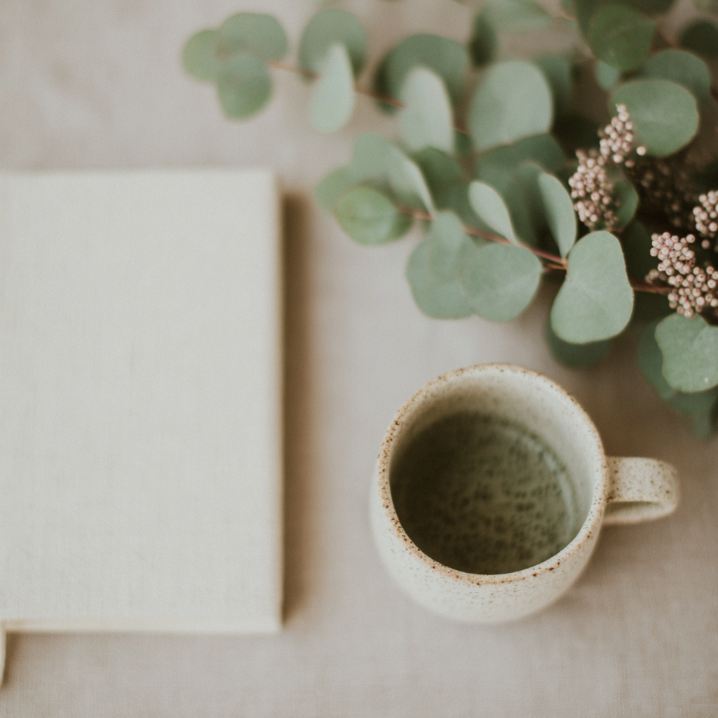 A top-down view of a ceramic mug filled with a dark beverage, a closed notebook, and eucalyptus branches with small pink flowers on a neutral surface.