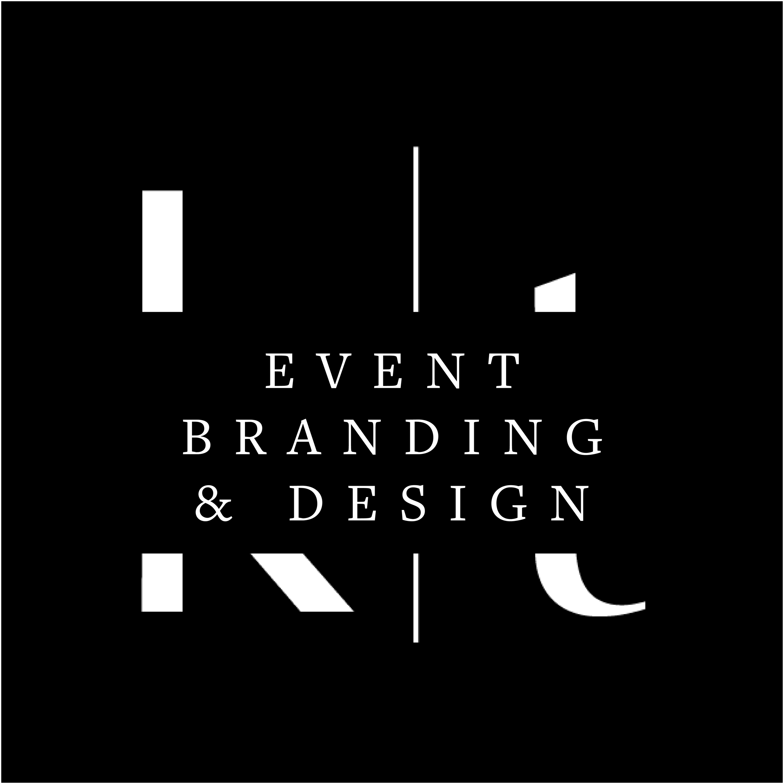 Black background with white text that reads 'Event Branding & Design' and a logo consisting of a stylized letter 'K' with diagonal stripes.