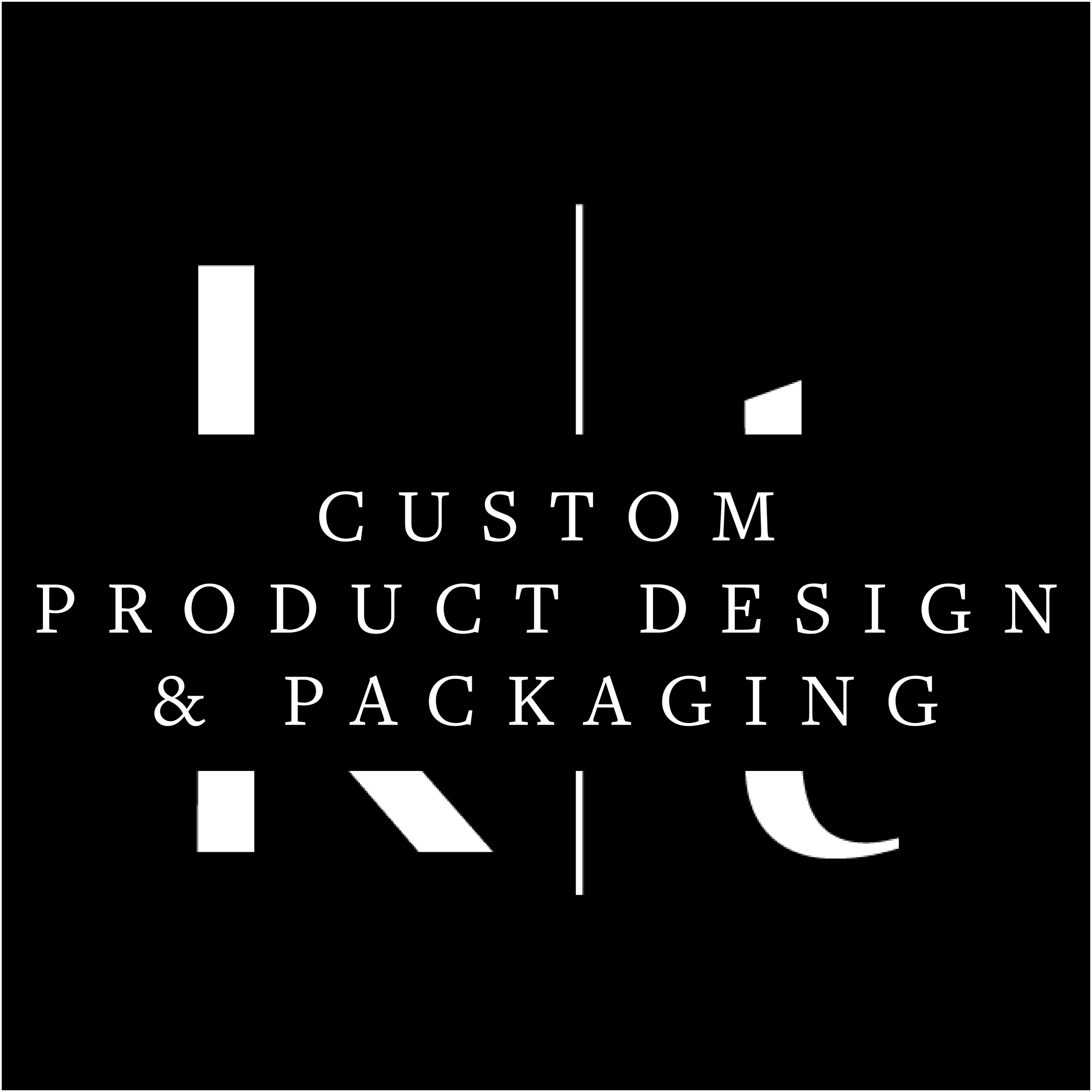 Black background with white text that reads 'Custom Product Design & Packaging' and a logo at the top consisting of three vertical white bars of varying heights.
