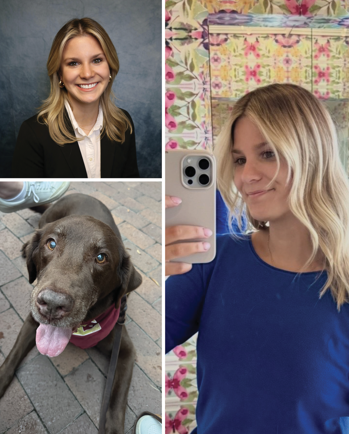A collage of three photos: the first is a woman with blonde hair and a smile, dressed in a black blazer and white shirt, posing against a blue background; the second is a laughing chocolate Labrador retriever with its tongue out, wearing a maroon bandana, sitting on a brick sidewalk; the third is a woman with blonde hair taking a selfie in a mirror, wearing a blue top, with a colorful floral-patterned background.