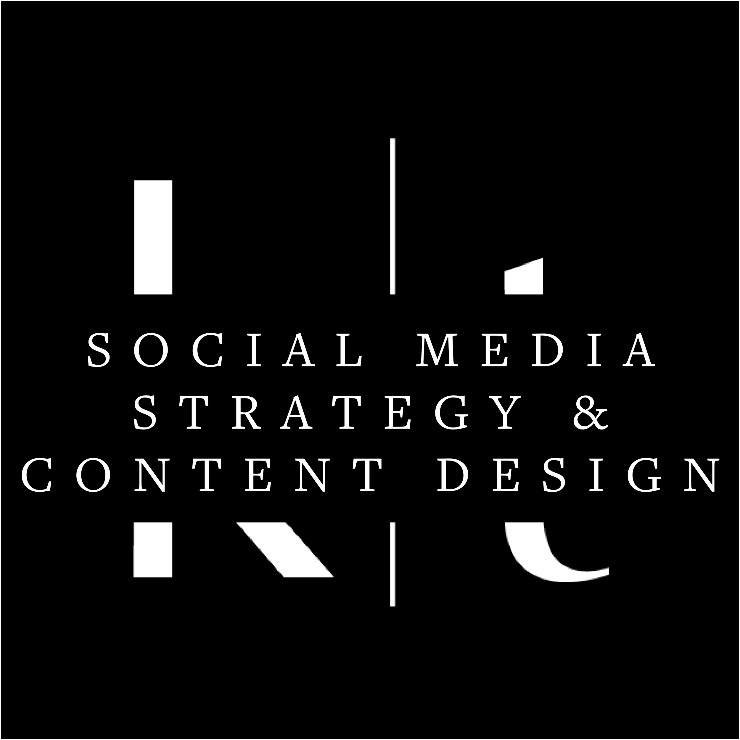 Black background with large white letters spelling out 'SOCIAL MEDIA STRATEGY & CONTENT DESIGN' and abstract white shapes.