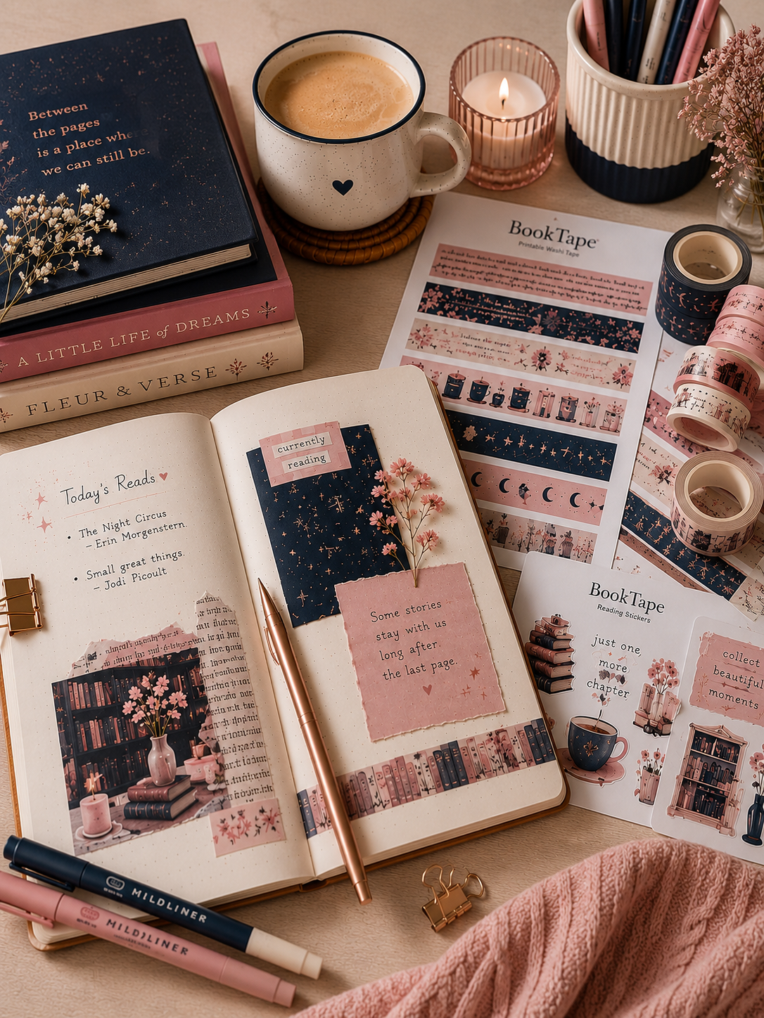 Cozy reading journal spread with BookTape stickers, washi tape, books, candles, and scrapbook journaling supplies.