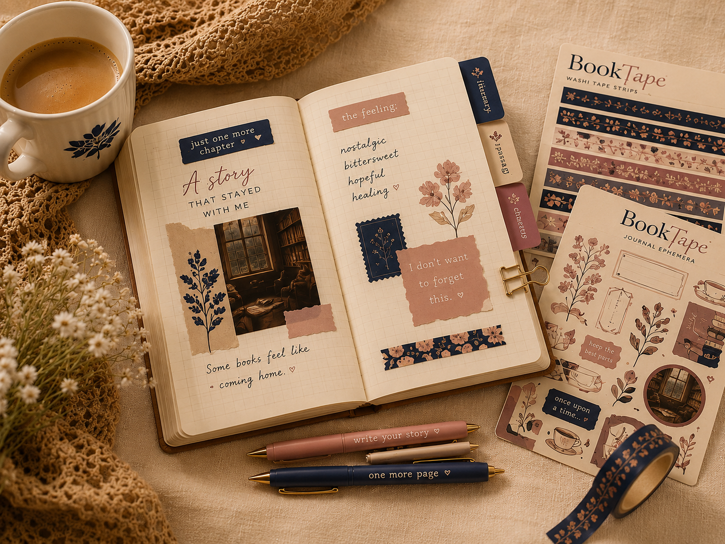 Cozy reading journal spread with books, washi tape, pens, coffee, and scrapbook journaling supplies.