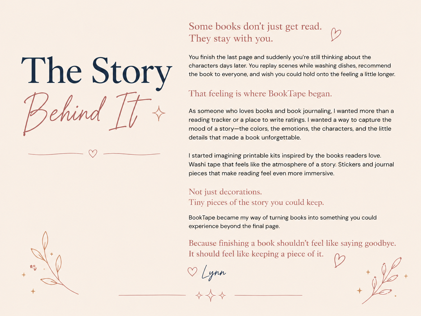 The Story Behind BookTape page featuring cozy book-inspired journaling and reading memories.