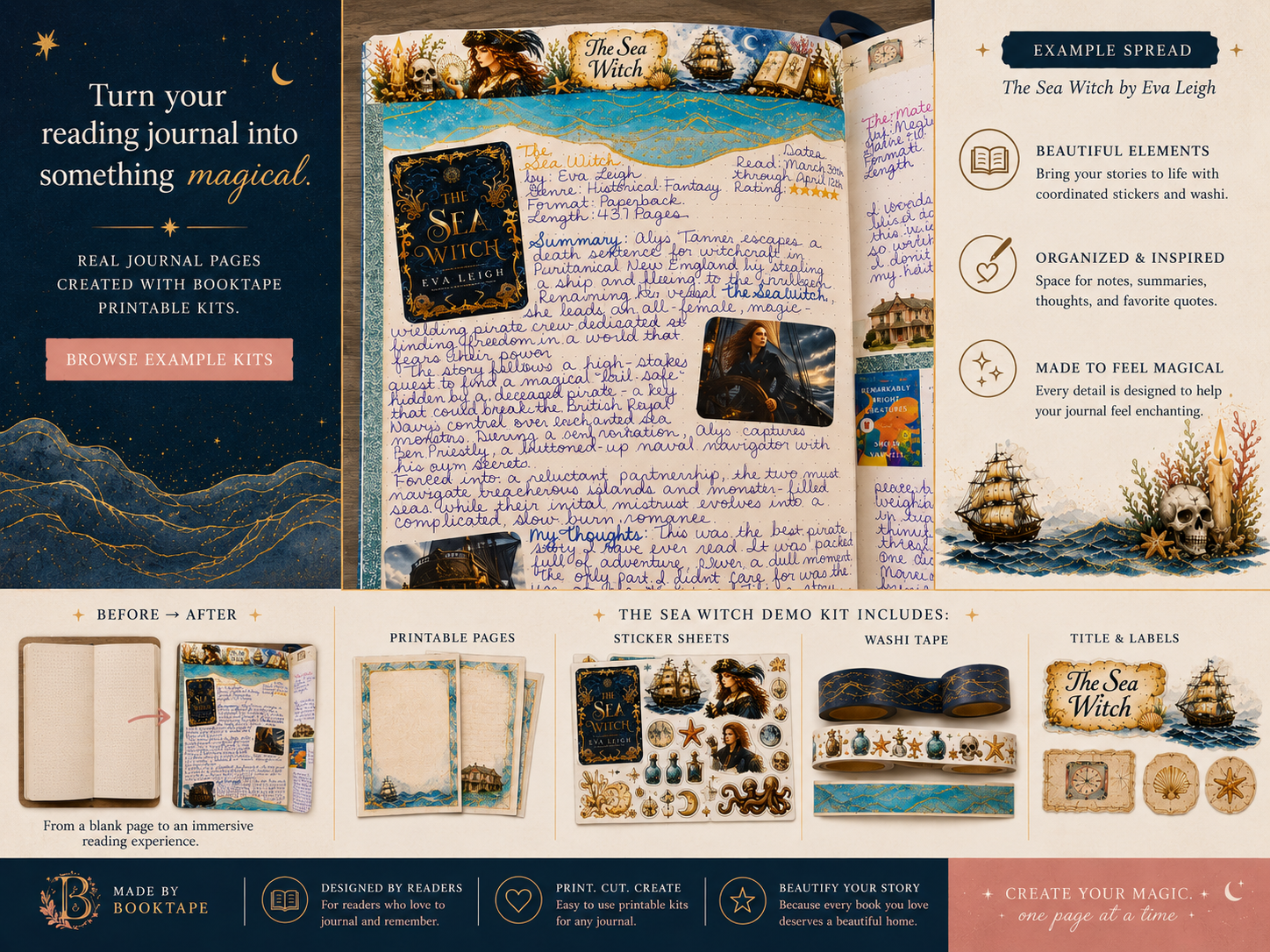 BookTape Sea Witch printable reading journal kit with stickers, washi tape, printable pages, and journal spreads.