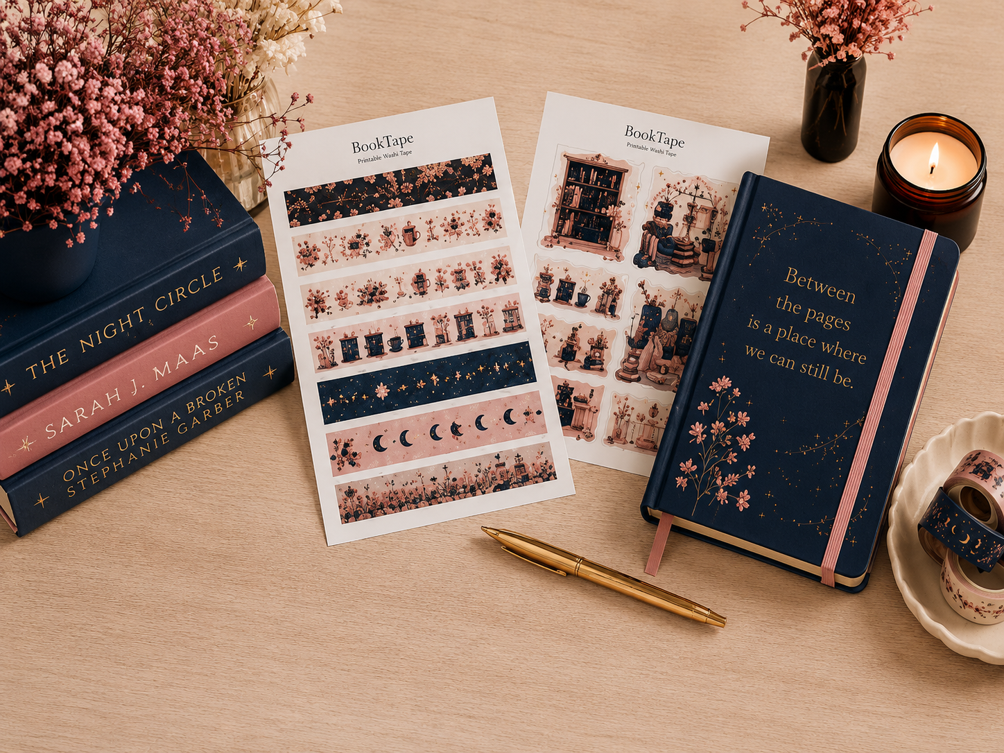 BookTape printable sticker sheets and reading journal accessories styled on a cozy bookish desk with flowers and candles.